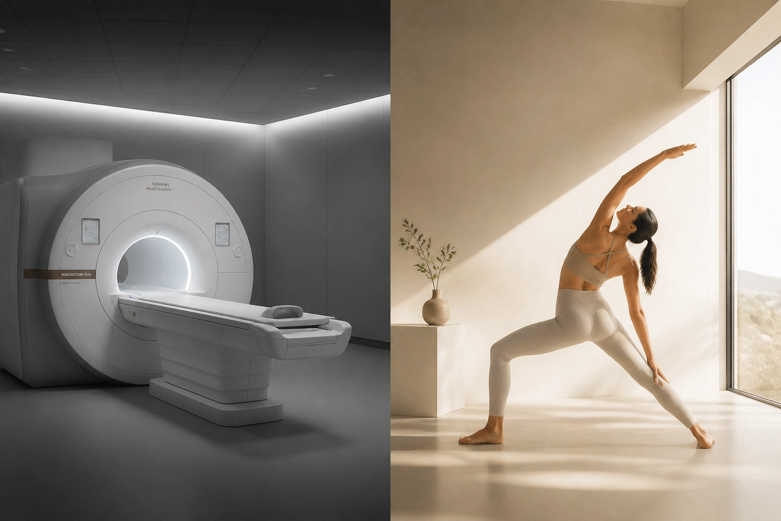 Medical MRI machine contrasted with a person performing body balancing exercises for sciatica relief.