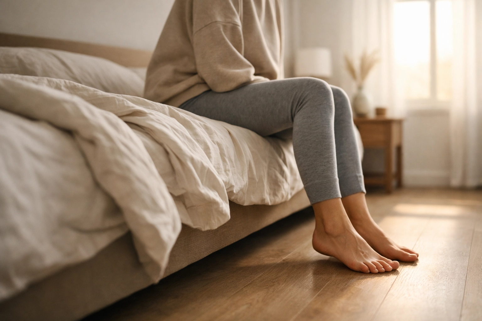 Person getting out of bed to choose movement over prolonged bed rest for sciatica relief.
