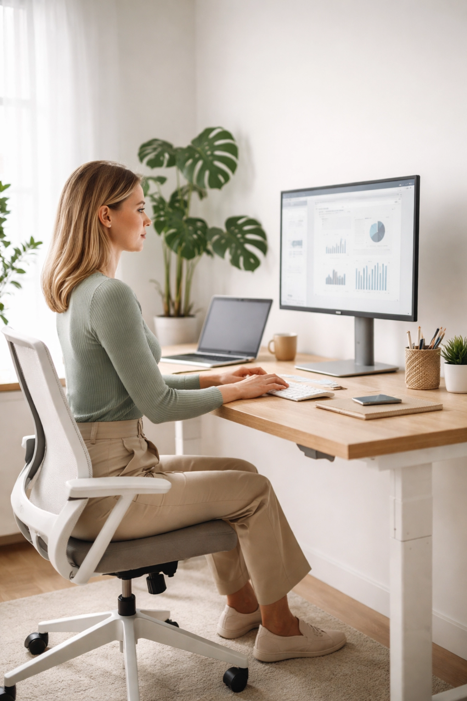 Person demonstrates perfect posture at a standing desk to reduce sciatica pain and improve spine health.