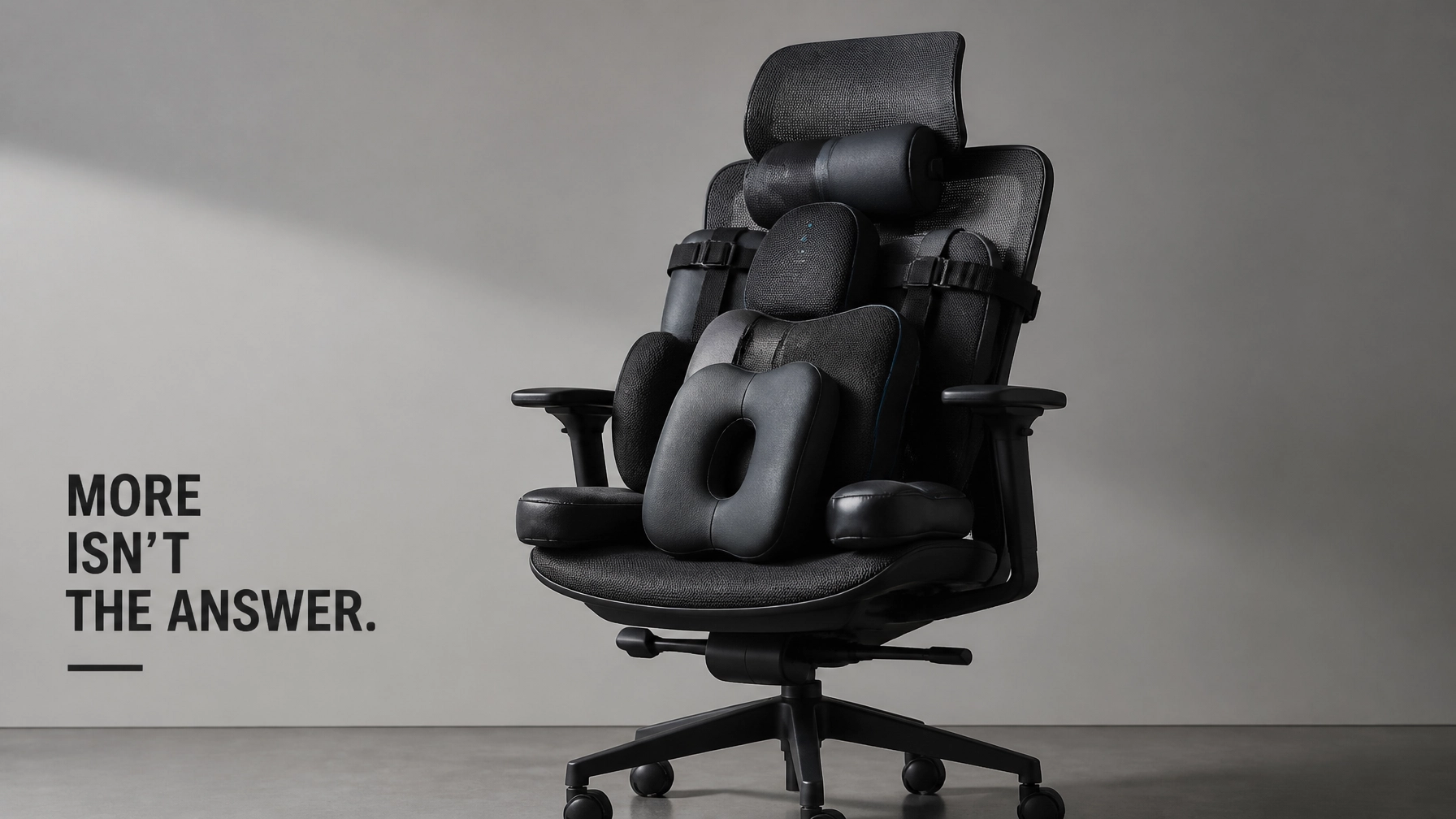 A cluttered ergonomic chair representing the ineffective 'gadget' approach to sciatica