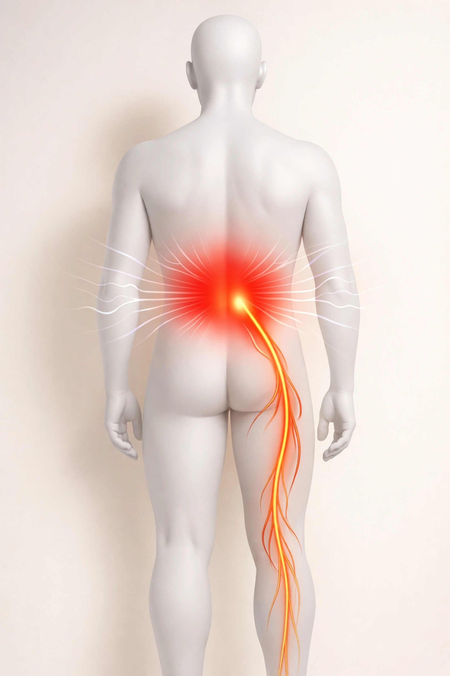 Illustration of sciatic nerve pathway showing how stress causes muscle tension and nerve pain in lower back