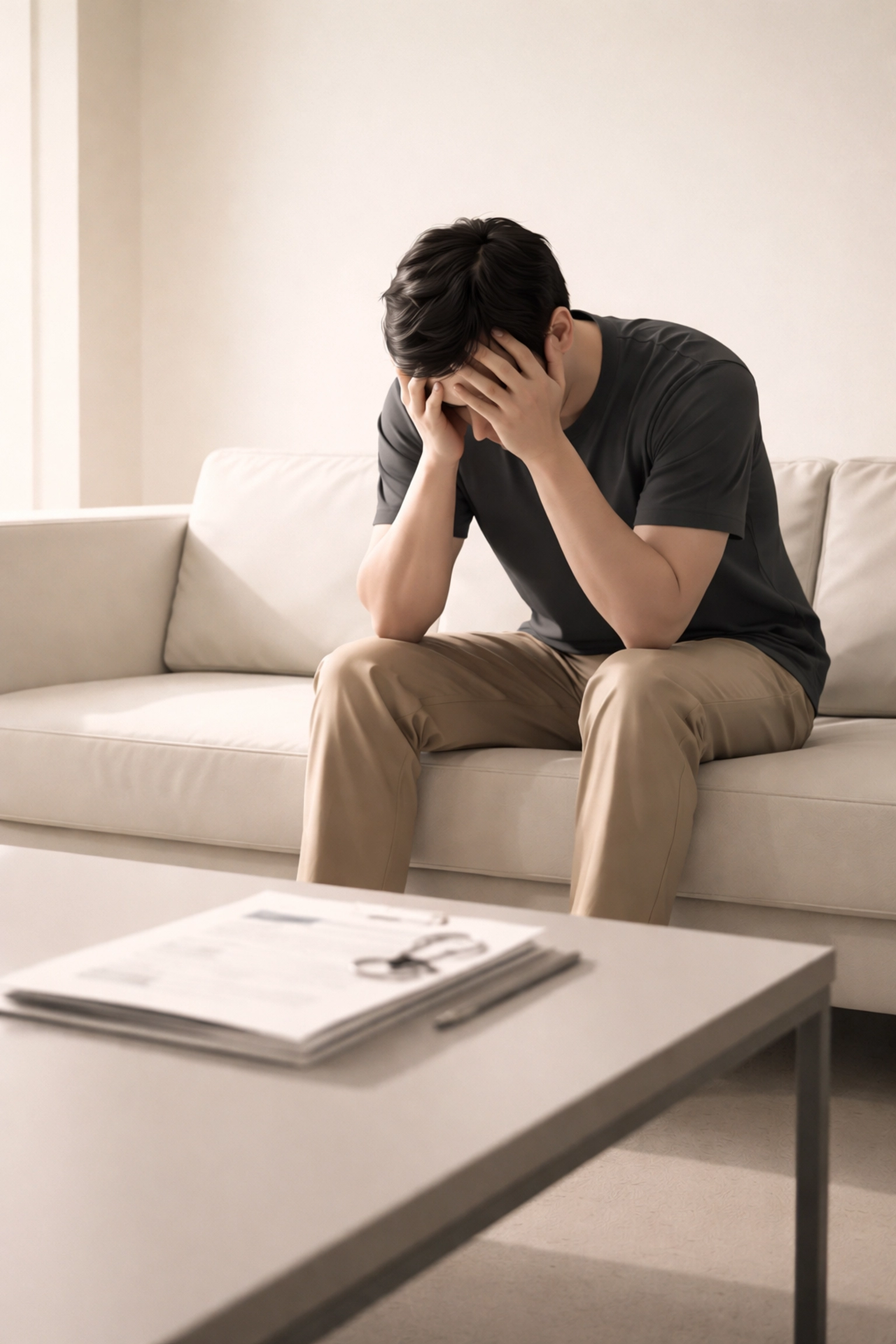 Person sits frustrated on a couch next to medical files, feeling overwhelmed by chronic sciatica pain