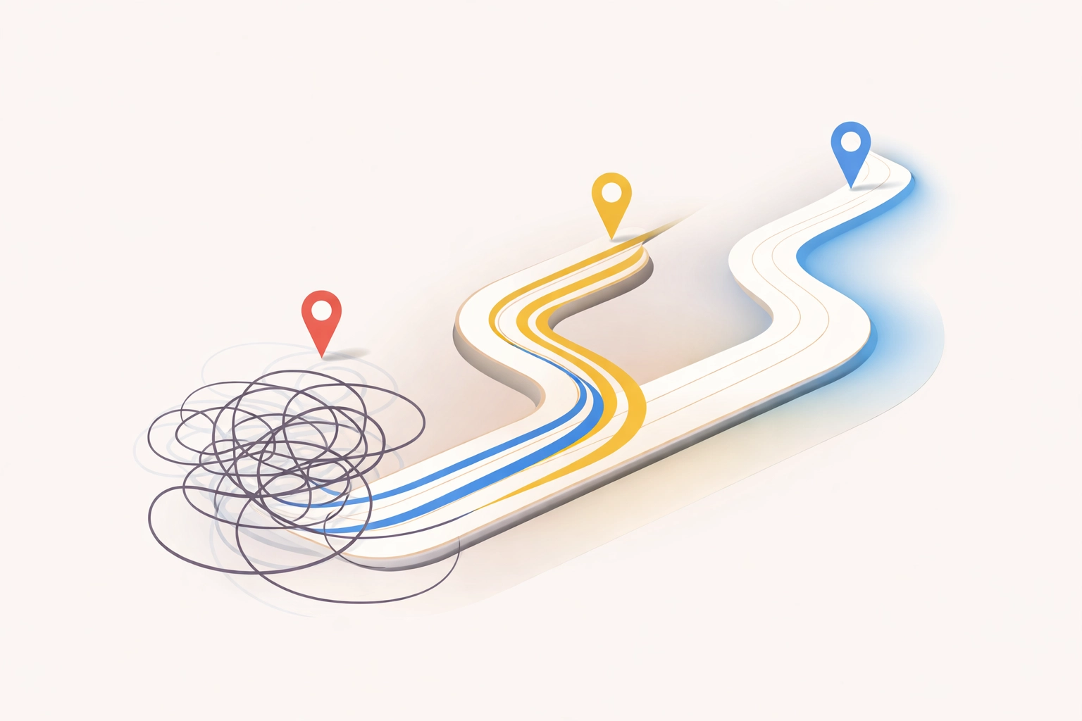 Illustration of a path from pain and imbalance to sciatica recovery, showing a journey to stability