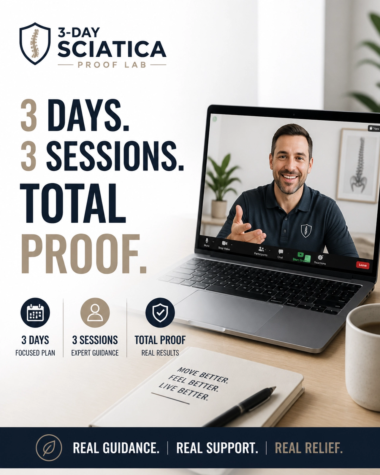 Promotional graphic for the 3-Day Sciatica Proof Lab showing total proof in 3 days