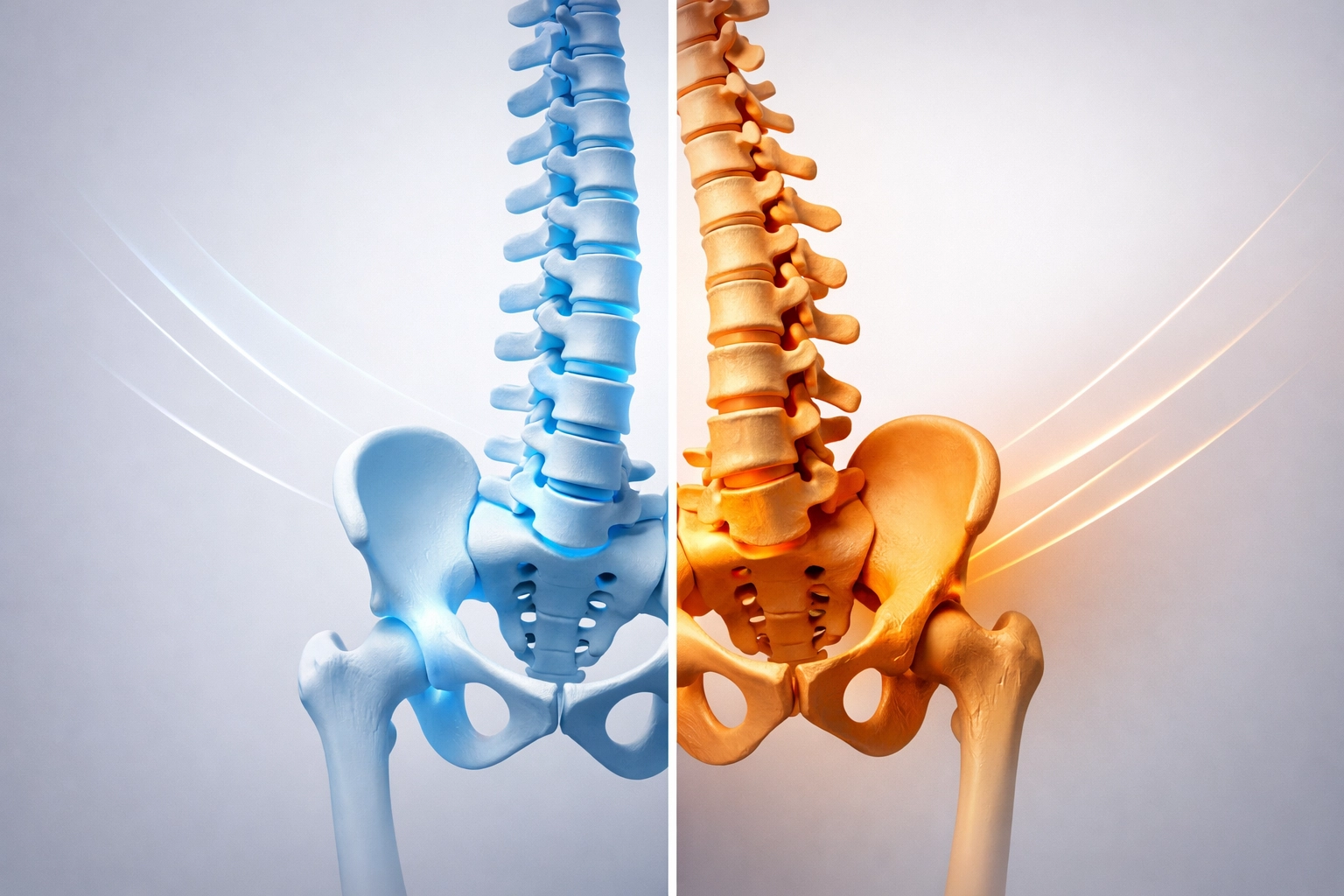 Spine showing balanced and imbalanced sides in sciatica recovery timeline