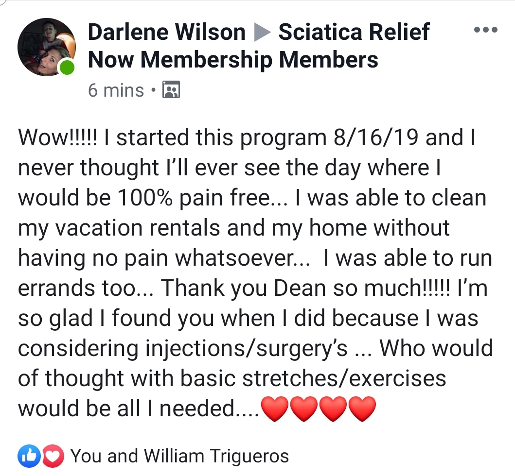 A client testimonial celebrating being 100% pain-free and avoiding surgery.