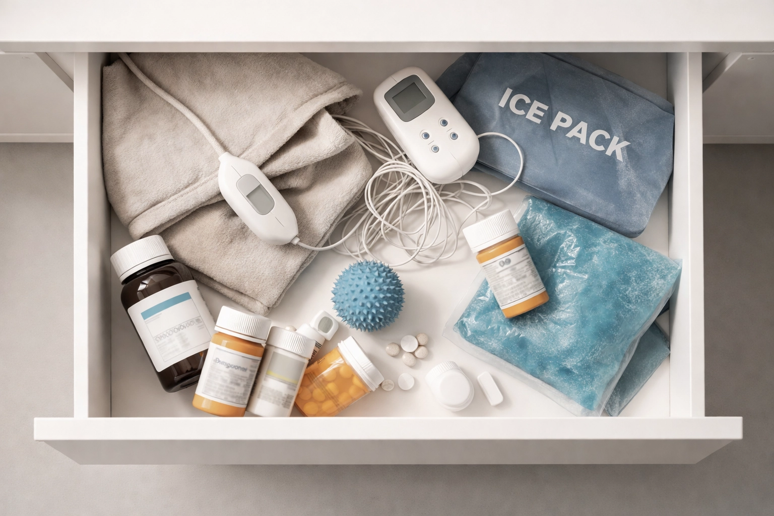 Drawer filled with pain relief devices and medications showing common but ineffective sciatica remedies