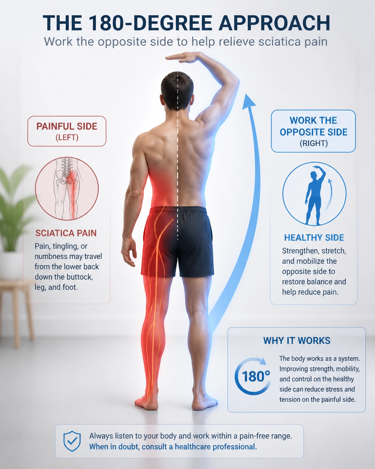 Conceptual illustration of the 180-degree approach focusing on the non-painful side