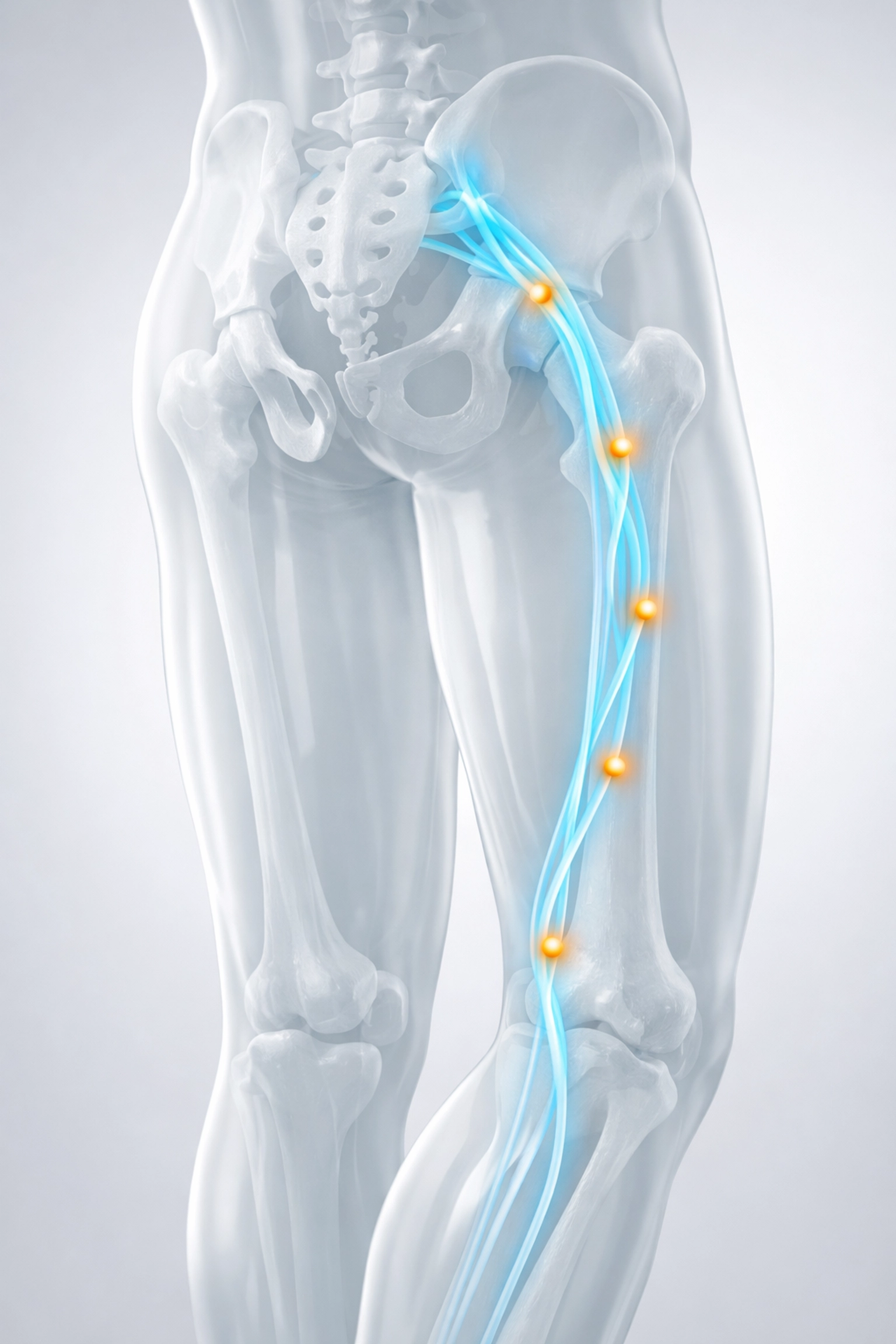 Sciatic nerve pathway showing nerve adhesions and compression points causing sciatica pain