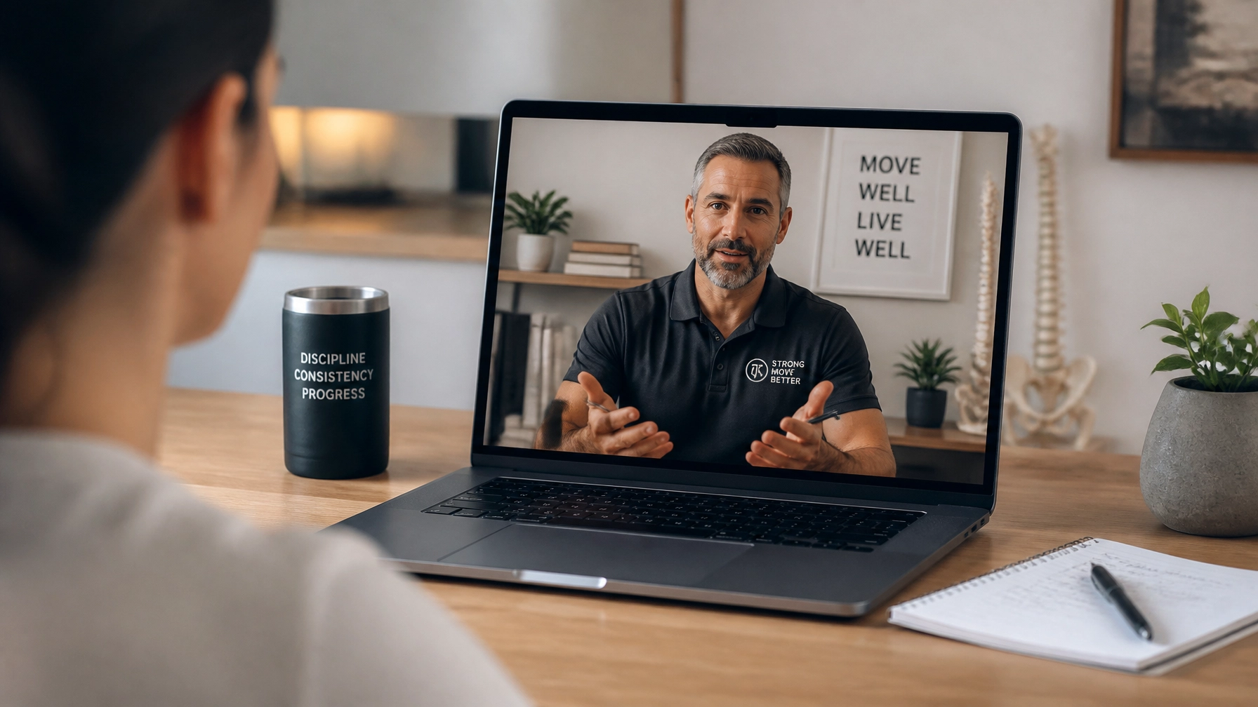 A professional and warm 1:1 coaching session over a laptop representing the Sciatica Proof Lab experience.