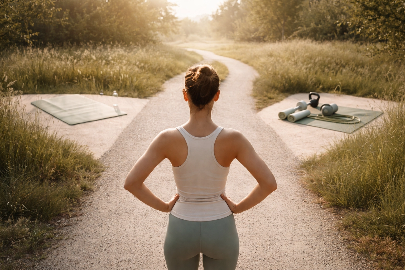 Person at crossroads deciding between stretching and strengthening paths for sciatica recovery