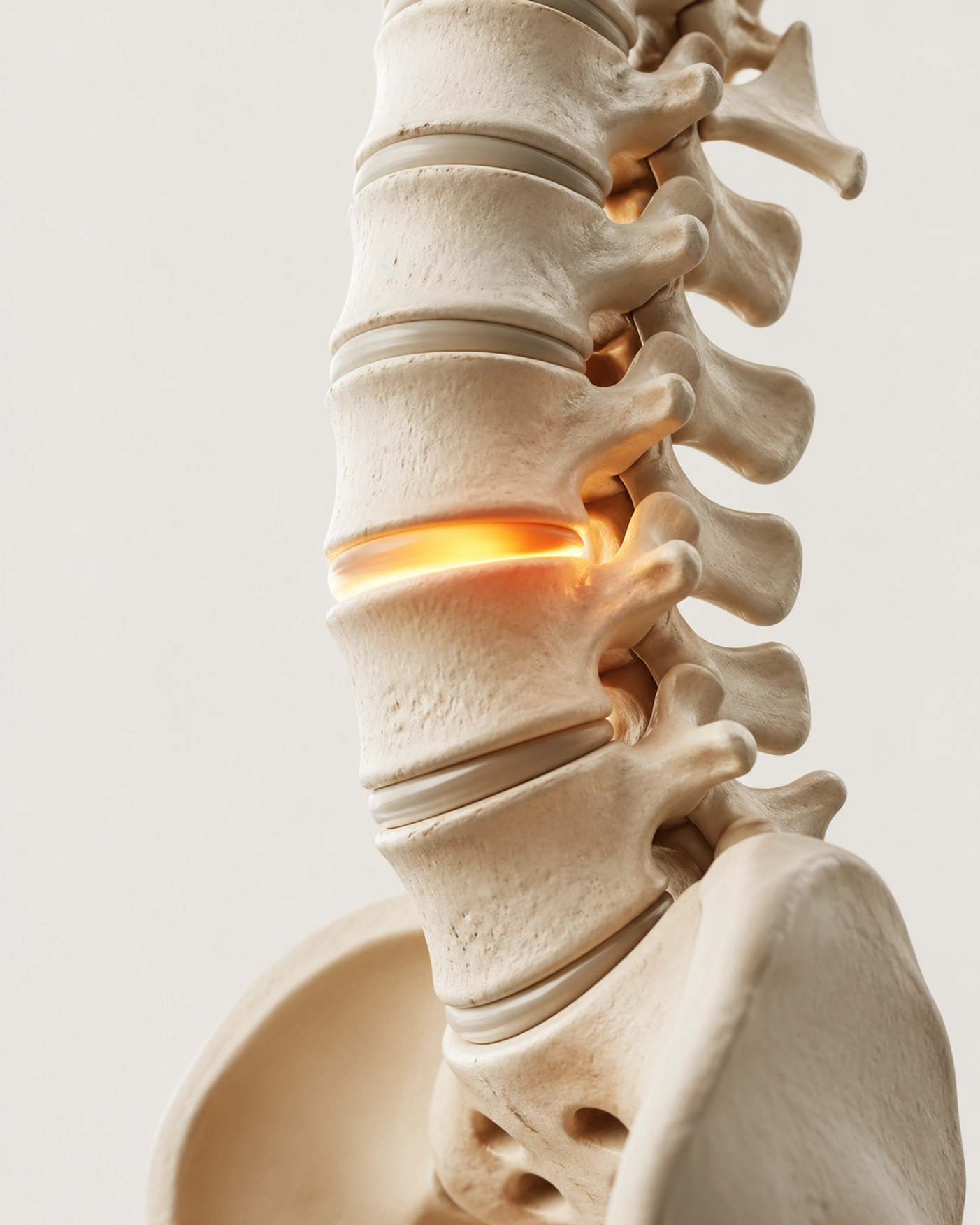 Anatomical lumbar spine model showing pressure points that cause sciatica and nerve irritation.