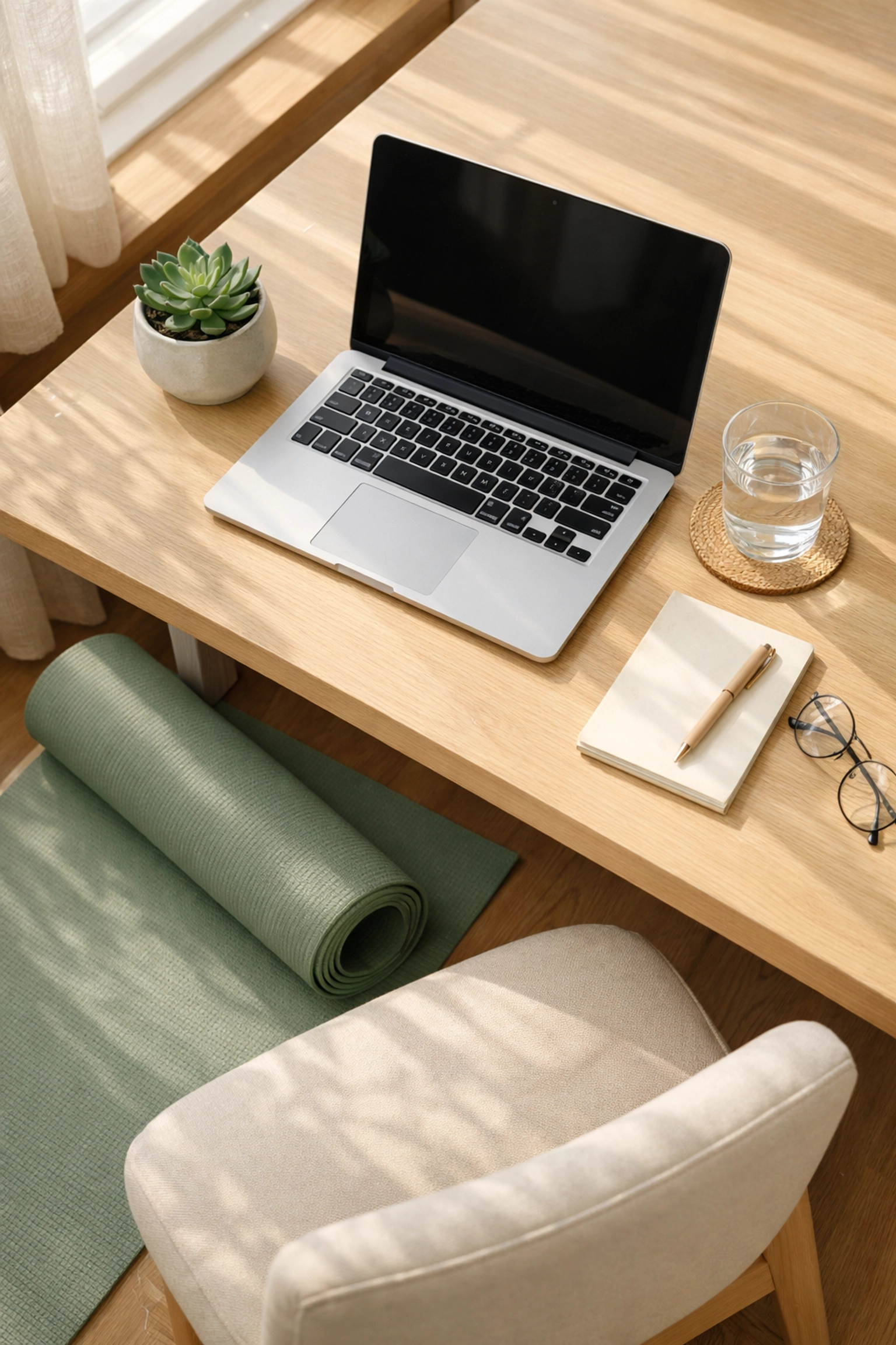 Home office workspace with yoga mat for sciatica prevention exercises
