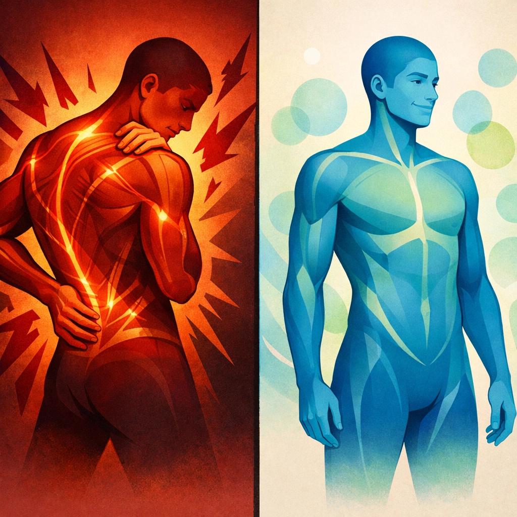 Before and after comparison showing sciatica pain transformation through fear reduction