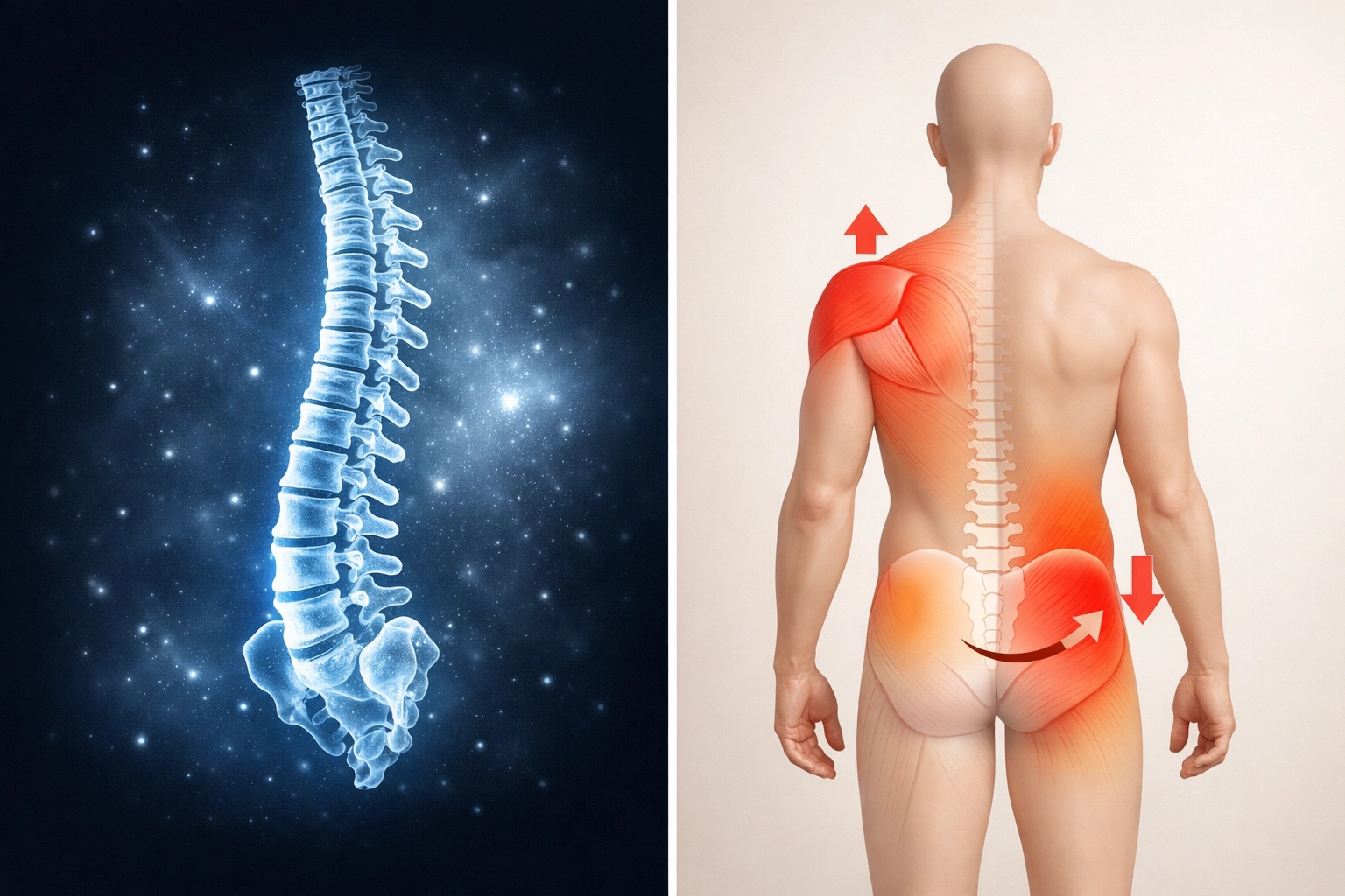 MRI scan compared to body imbalance diagram showing sciatica's true cause beyond imaging