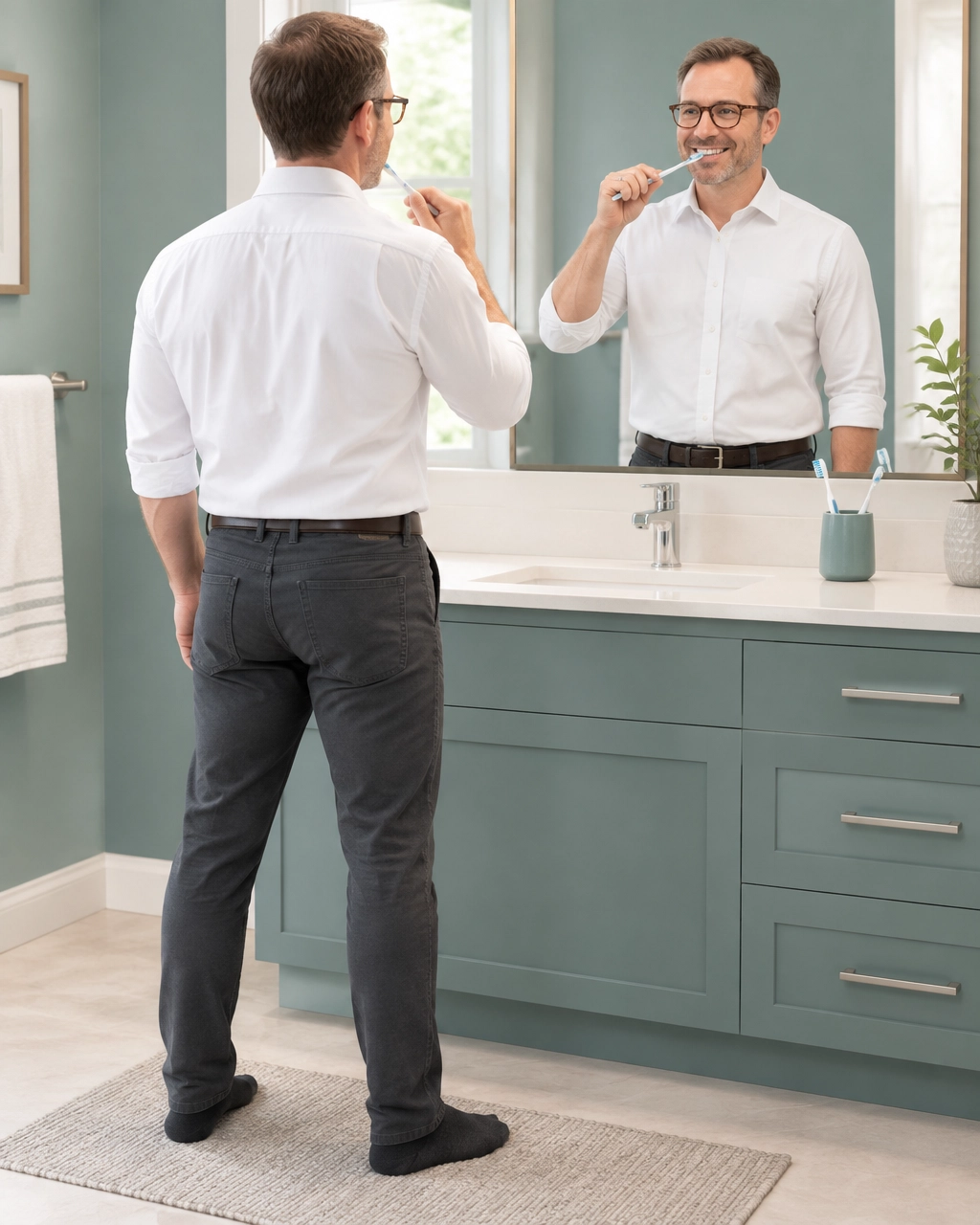 Dean Volk demonstrating a standing self-assessment near a bathroom mirror